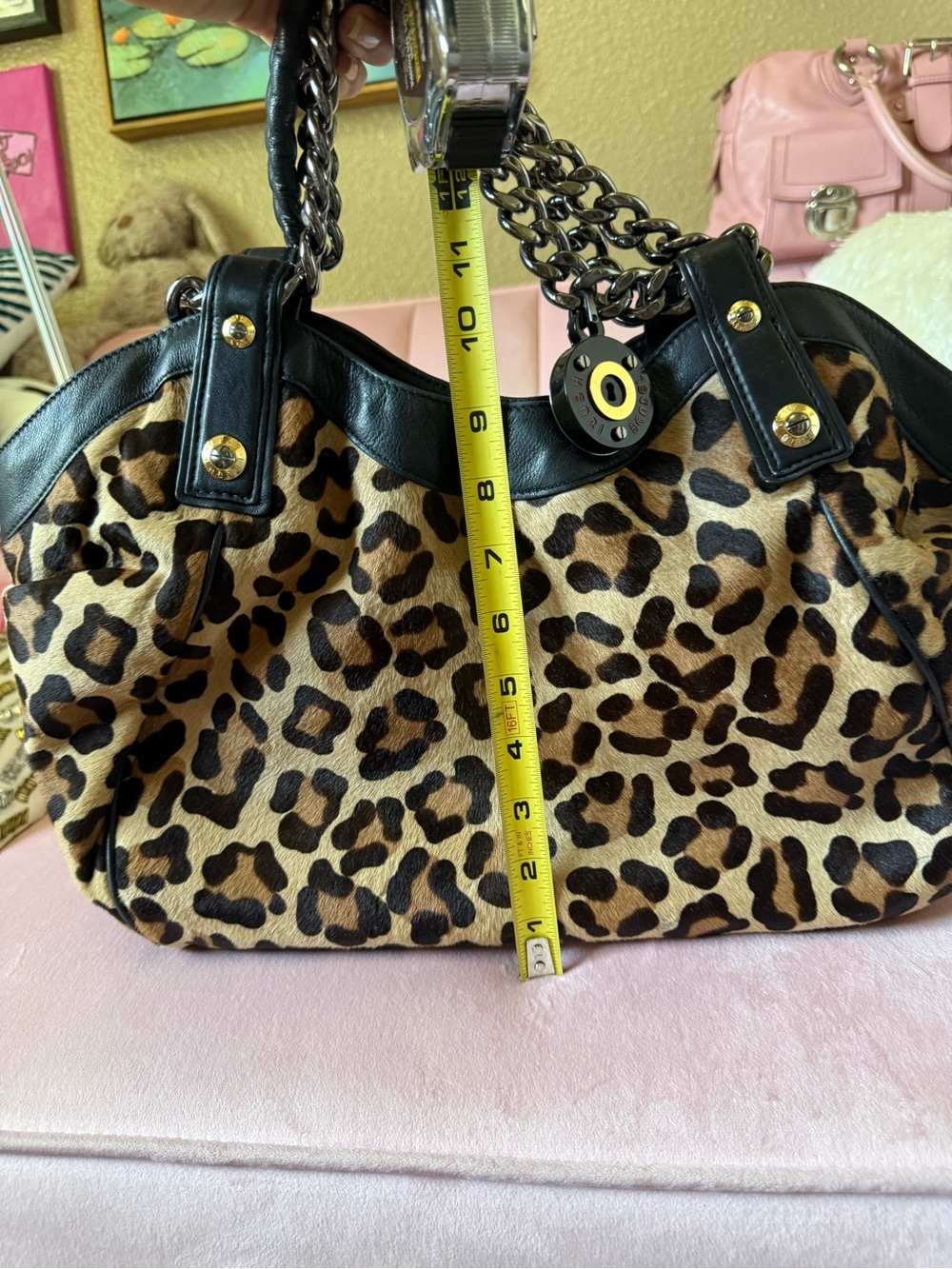 💯Auth! Henri Bendel Calf Hair Leopard Chain Handle Shoulder Bag Blk Leather Trim - Picture 13 of 16